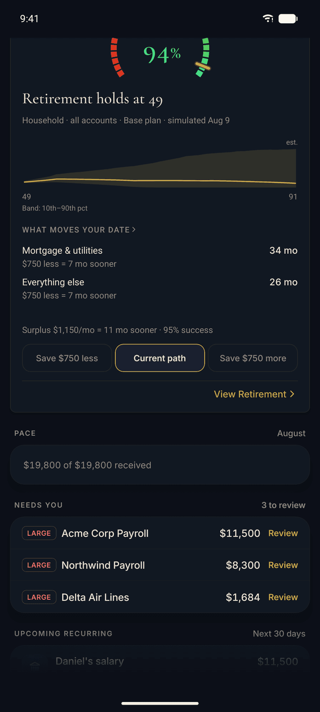 The Bridge on the Thermal Android app: the fan of 10,000 retirement paths, the categories ranked by how much they move the date, and the what-if chips that reprice the projection while you watch