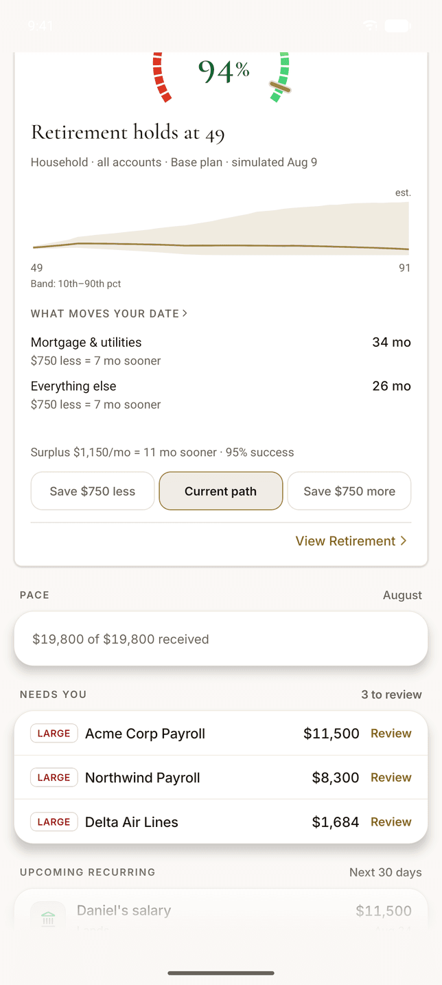 The Bridge on the Thermal Android app: the fan of 10,000 retirement paths, the categories ranked by how much they move the date, and the what-if chips that reprice the projection while you watch