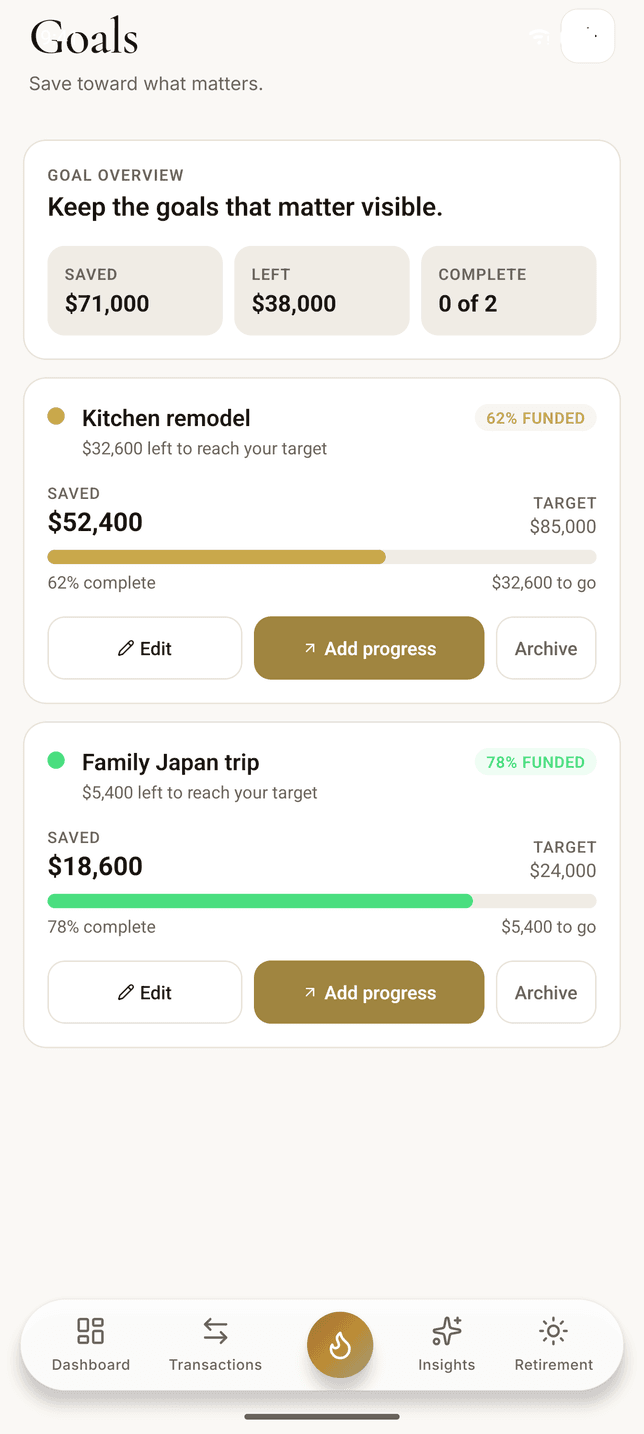 The goals screen on Android: a kitchen remodel 62% funded at $52,400 of $85,000, and a family Japan trip 78% funded at $18,600 of $24,000, each with its own progress bar