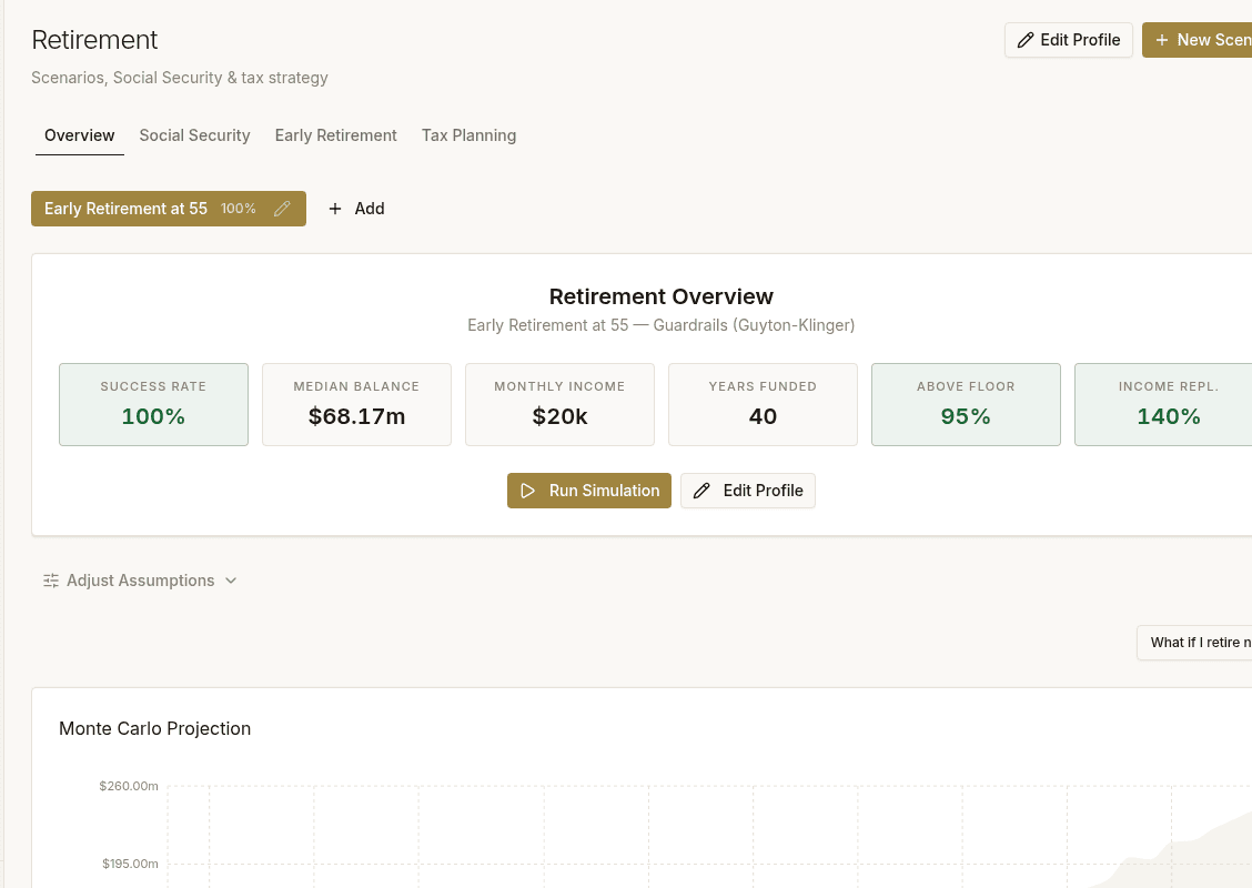 Retirement projection chart showing portfolio balance over time