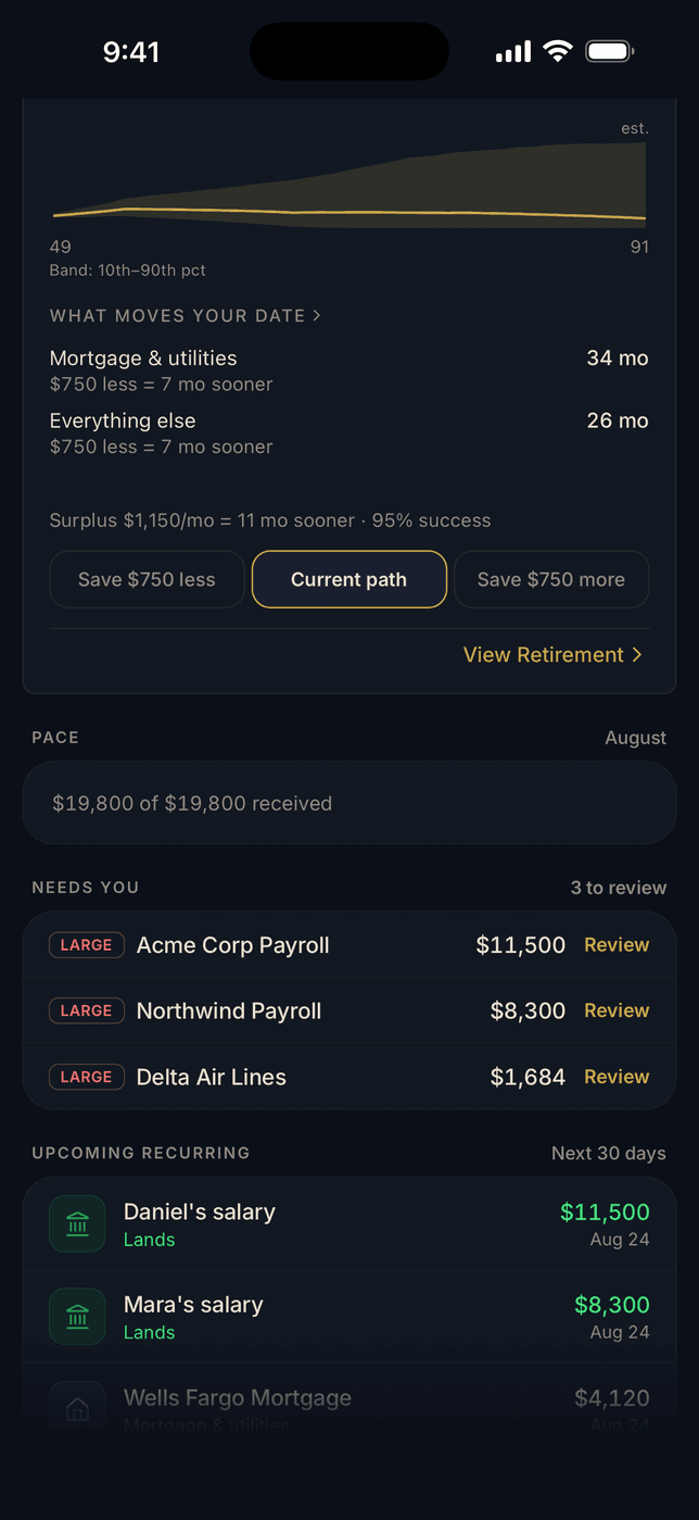 The Bridge on the Thermal iPhone app: the fan of 10,000 retirement paths, the categories ranked by how much they move the date, and the what-if chips that reprice the projection while you watch