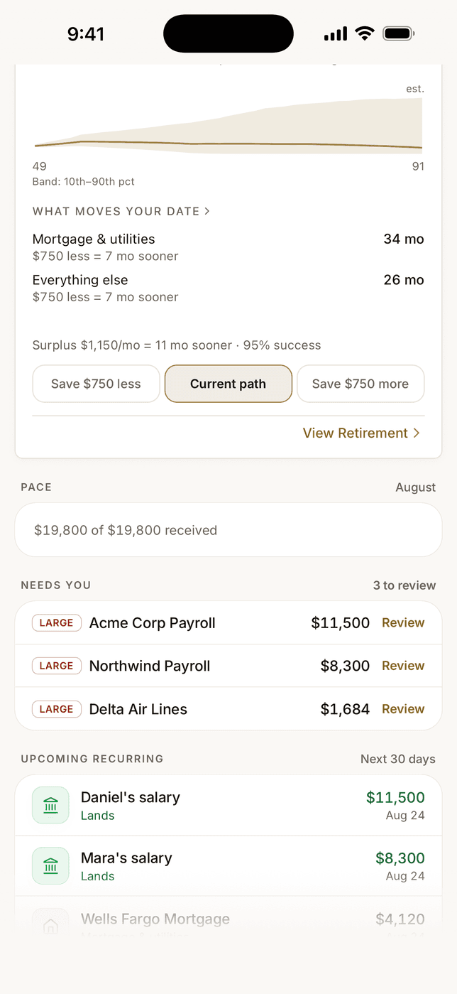 The Bridge on the Thermal iPhone app: the fan of 10,000 retirement paths, the categories ranked by how much they move the date, and the what-if chips that reprice the projection while you watch