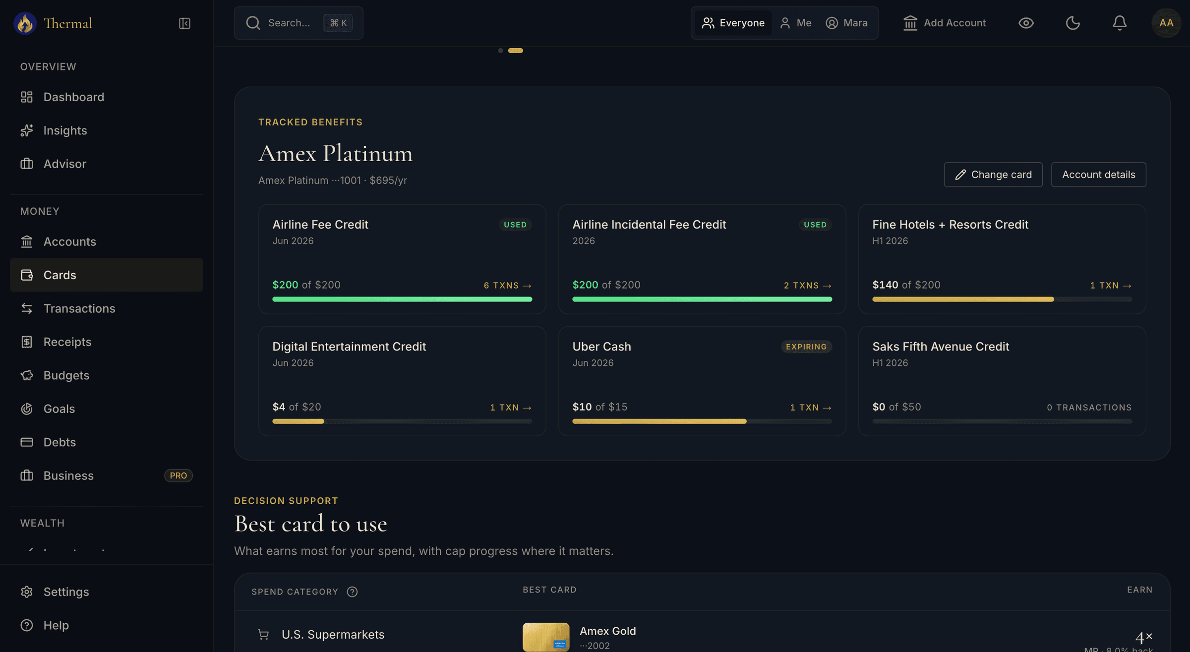 Tracked Amex Platinum benefits with used, expiring, and remaining credits, above a best-card-to-use table by spending category