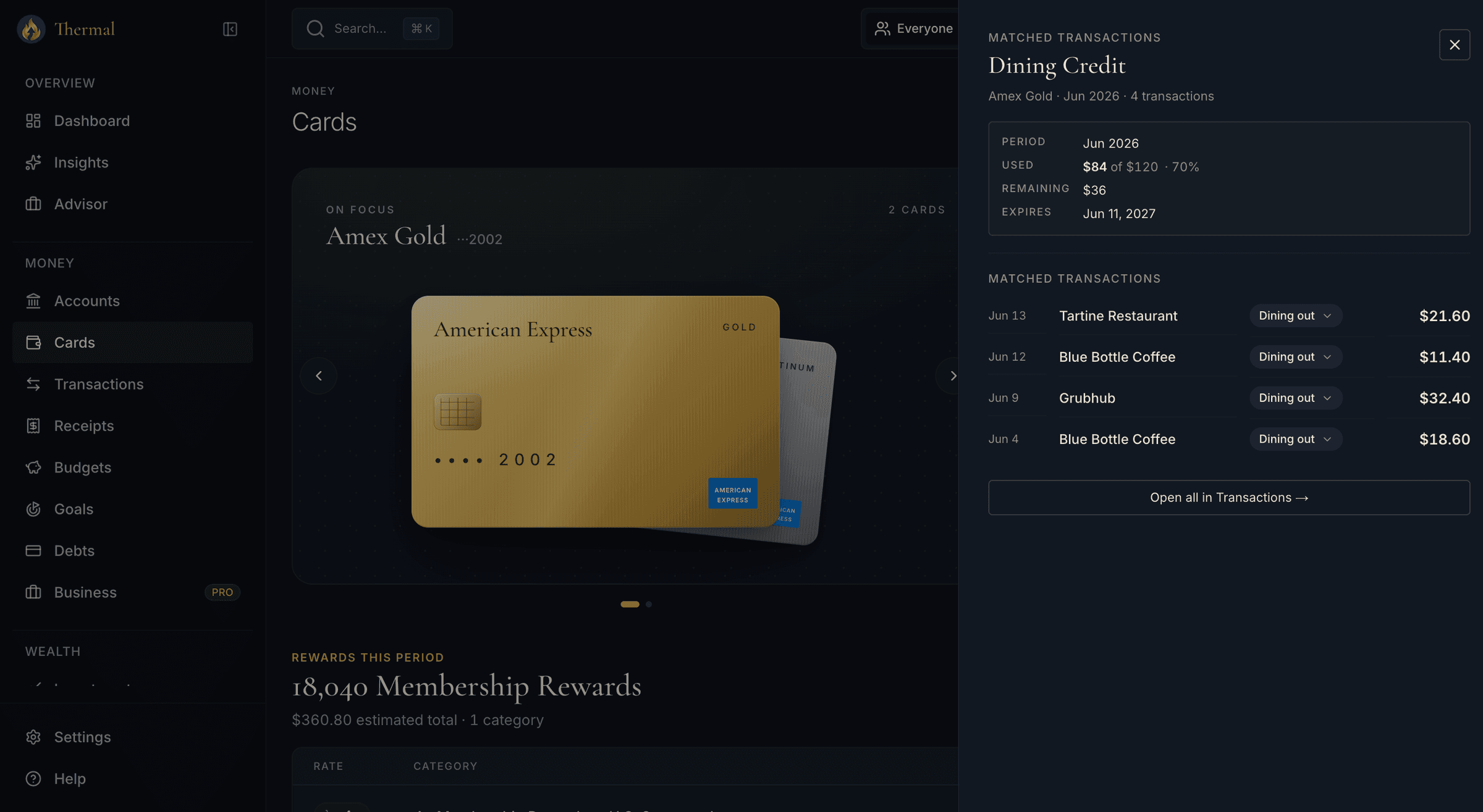 Dining credit detail showing $84 of $120 used with the four matched restaurant transactions listed