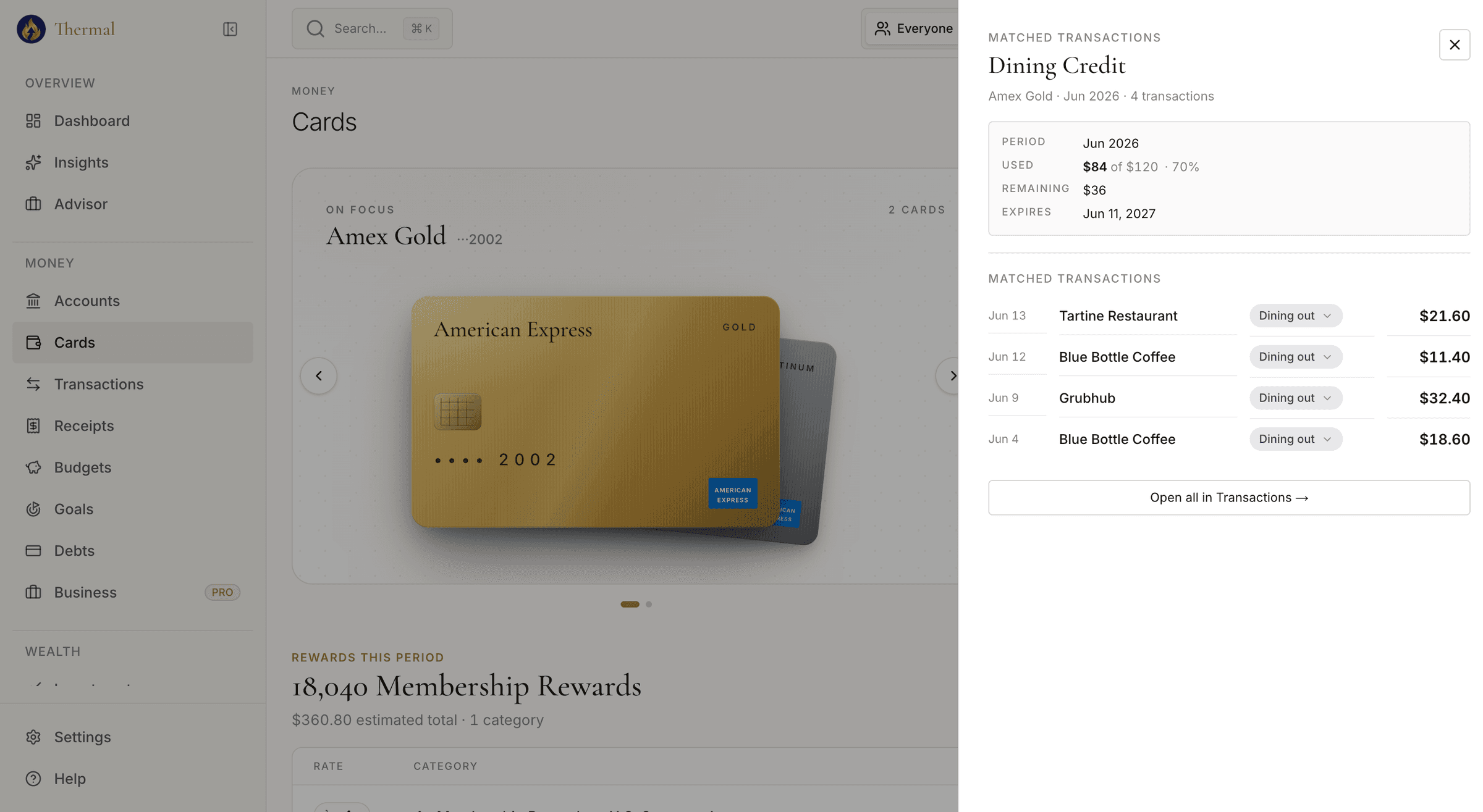Dining credit detail showing $84 of $120 used with the four matched restaurant transactions listed