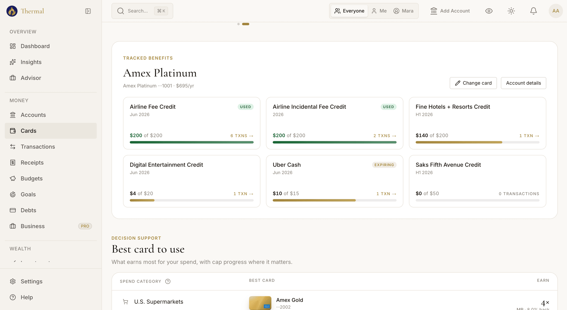 Tracked Amex Platinum benefits with used, expiring, and remaining credits, above a best-card-to-use table by spending category