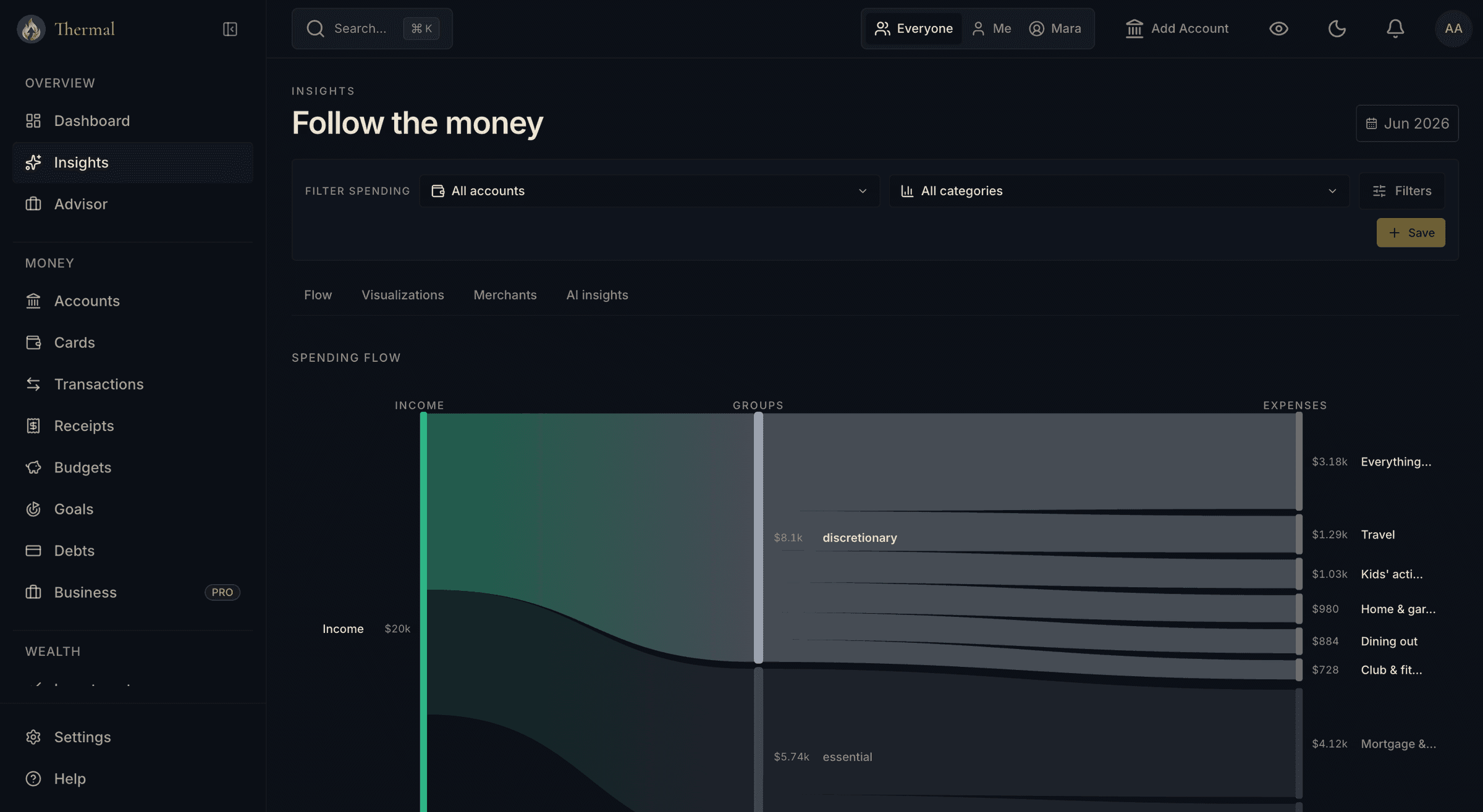 Sankey diagram following income through essential and discretionary groups out to expense categories