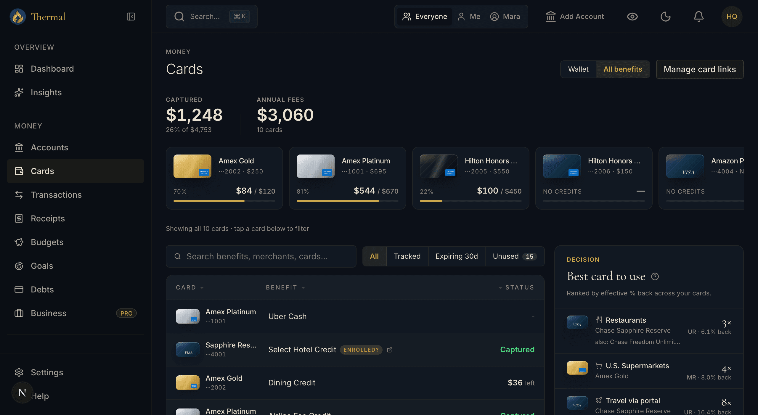 Cards screen in the all-benefits view: captured credits and annual fees side by side, per-card statement credits with status filters, and a best-card ranking by effective percent back