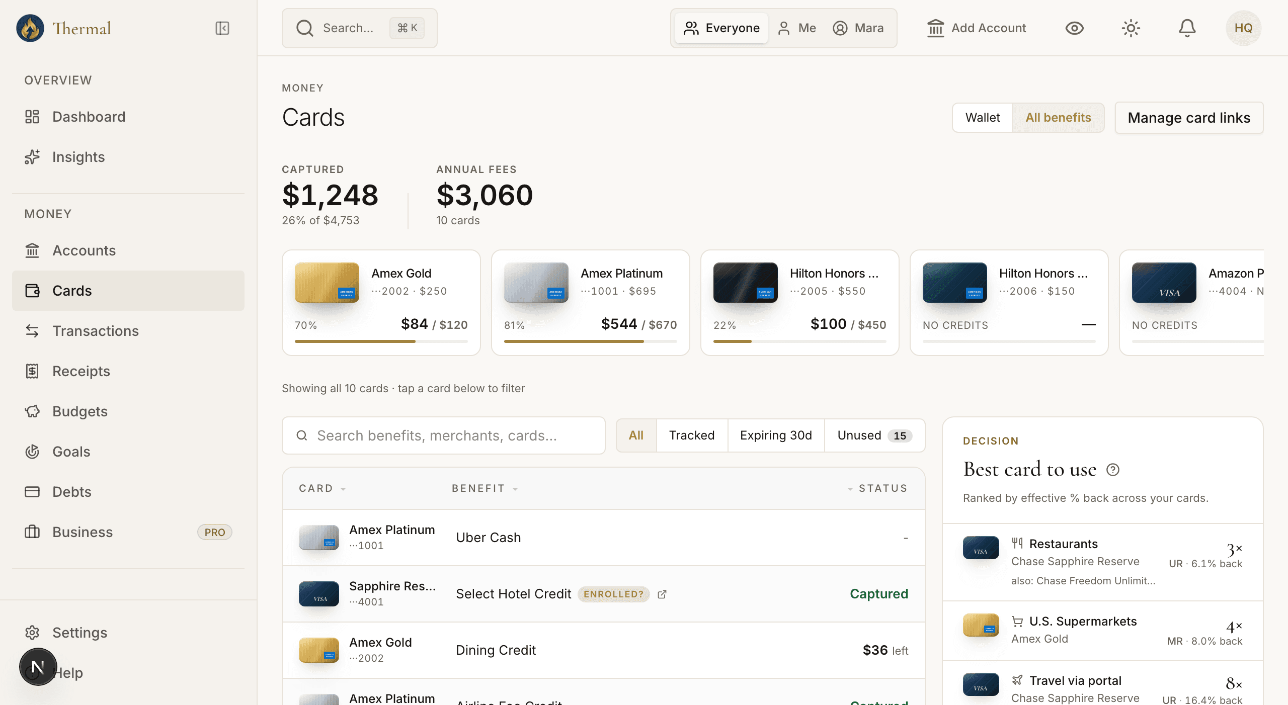 Cards screen in the all-benefits view: captured credits and annual fees side by side, per-card statement credits with status filters, and a best-card ranking by effective percent back