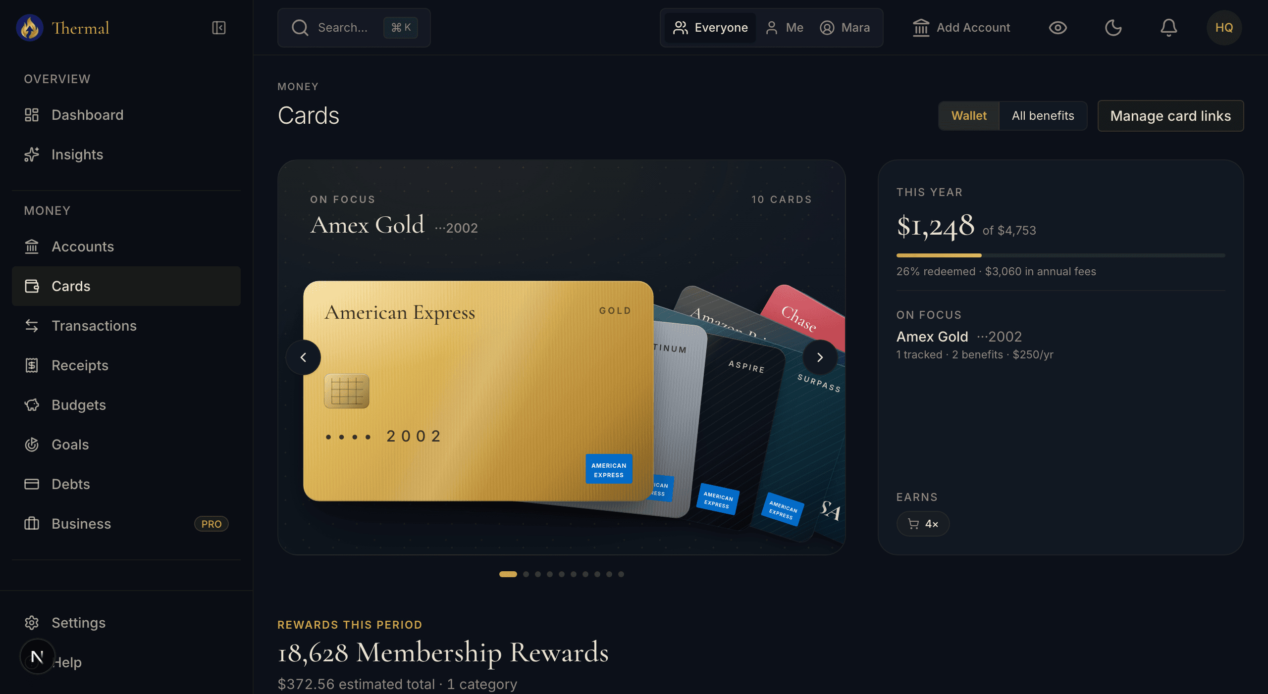Tracked Amex Platinum benefits with used, expiring, and remaining credits, above a best-card-to-use table by spending category