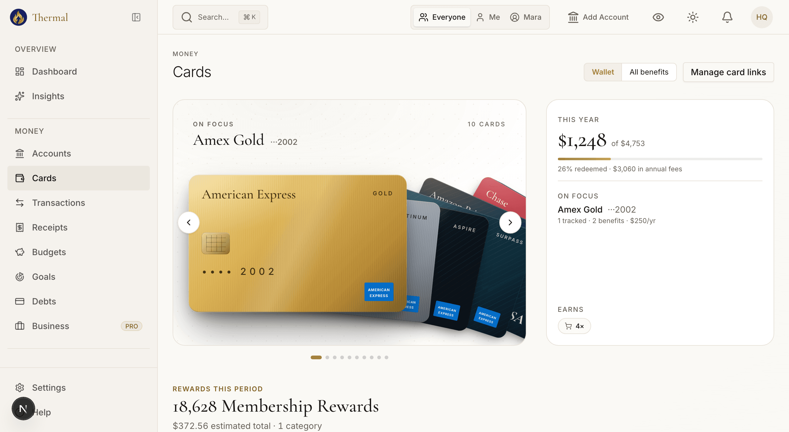 Tracked Amex Platinum benefits with used, expiring, and remaining credits, above a best-card-to-use table by spending category