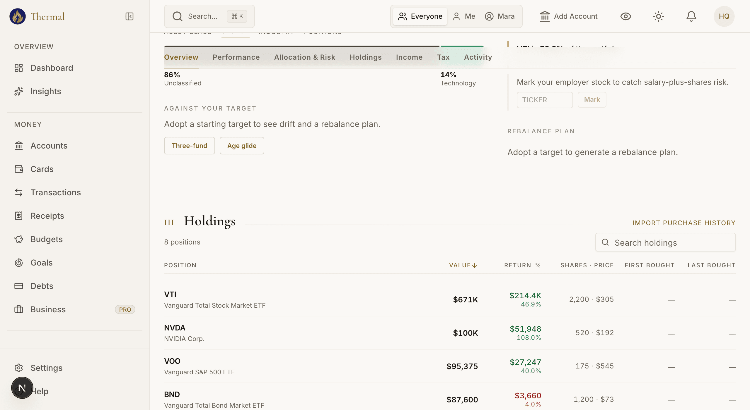 Holdings list across ETFs, individual stocks, cash sweep, and Bitcoin with value, dollar return, and percent return per position